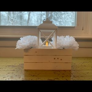 Rustic centerpiece in a crate with white flowers